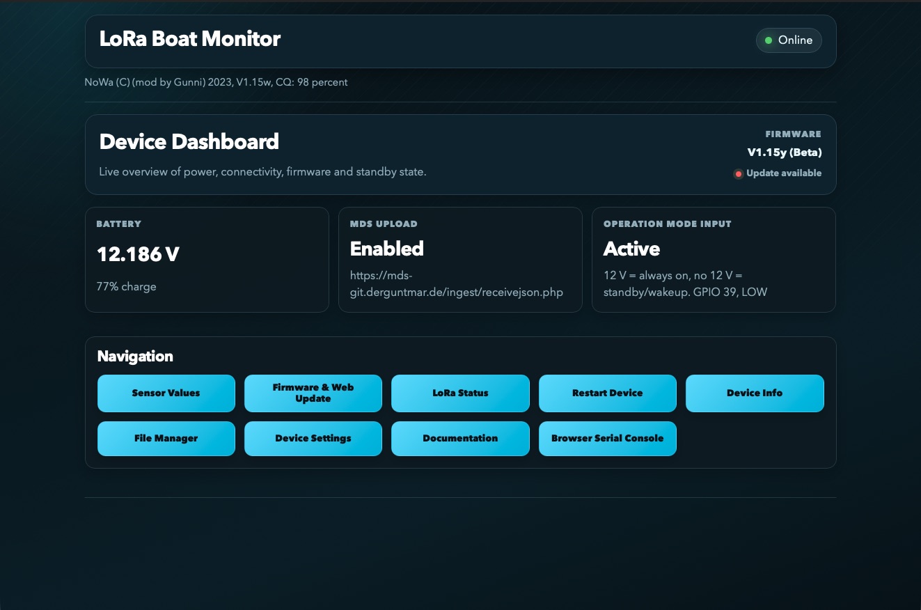 Weboberfläche des LoRa Boatmonitor mit Batteriestatus, MDS Upload und Navigation